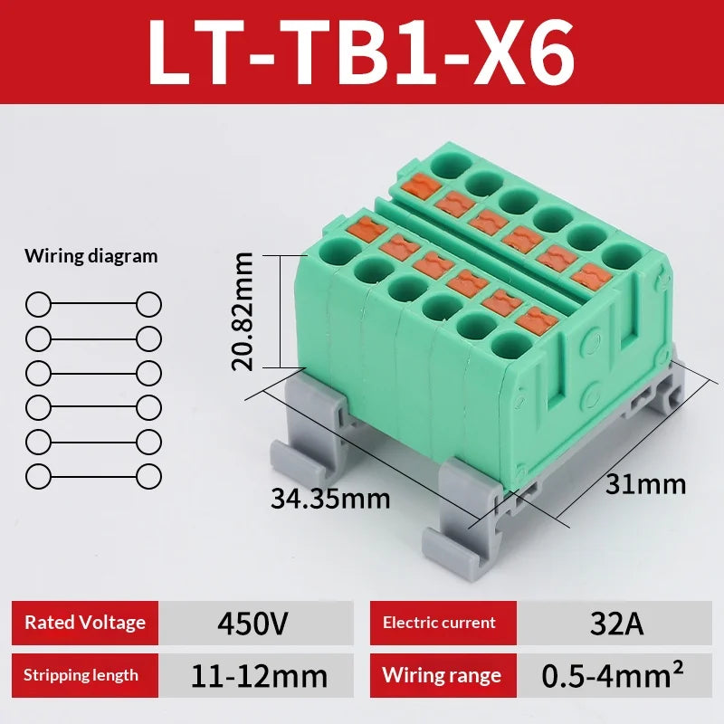 Push-in Terminal Block Multiple In Out Terminal Quick Connection of Wires Din Rail Wire Connector Universal Junction Box TB1-X6D