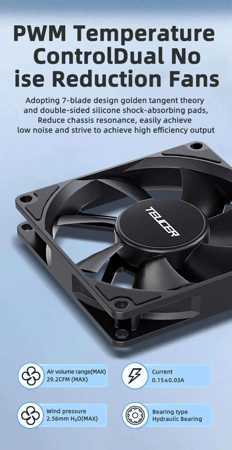 TEUCER 8015 Computer Case Fan 80mm/92mm 4-pin PWM High Airflow Ultra-thin Cooling Fan 1200-3000RPM Cascadable FDB Bearing Fan