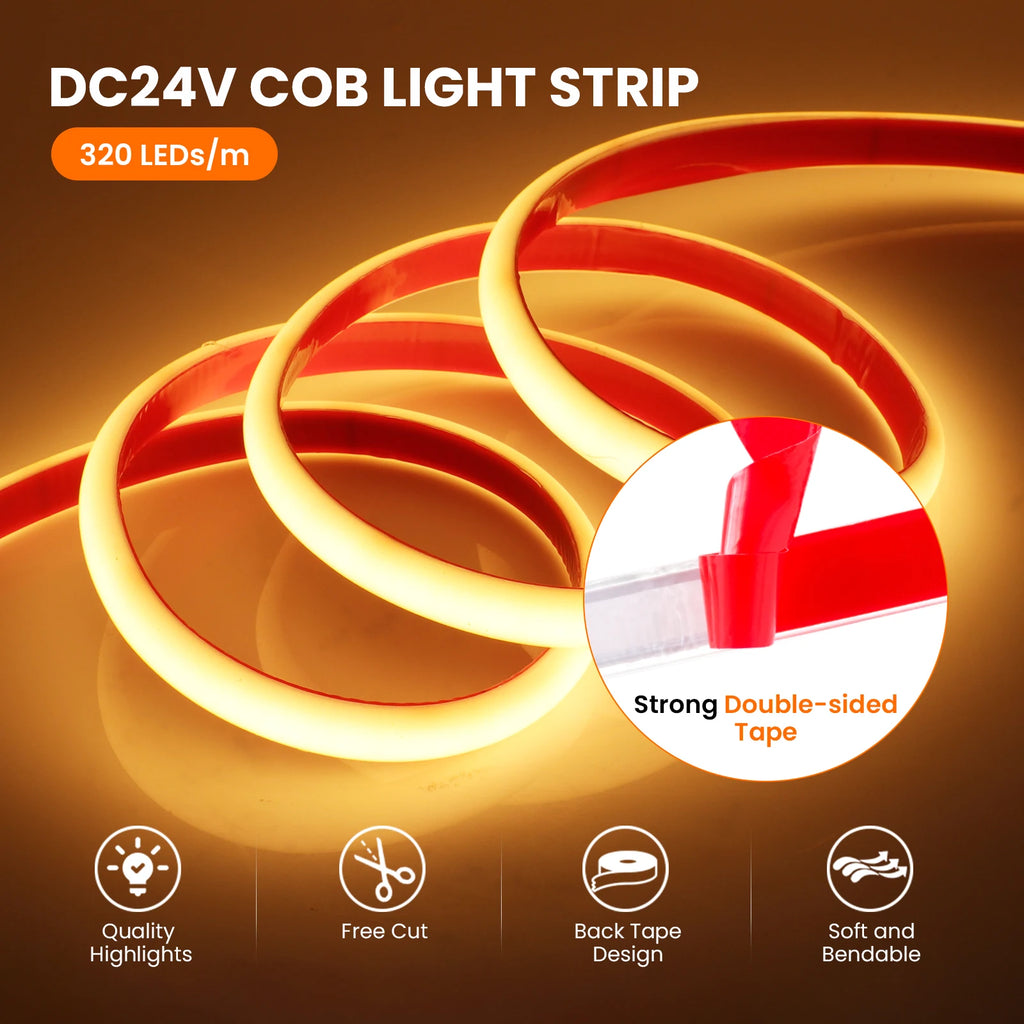 COB LED Strip 12V 24V IP68 Waterproof High Density 320LEDs/m Flexible COB LED Tape Neon Light White Red Green Blue Pink Yellow
