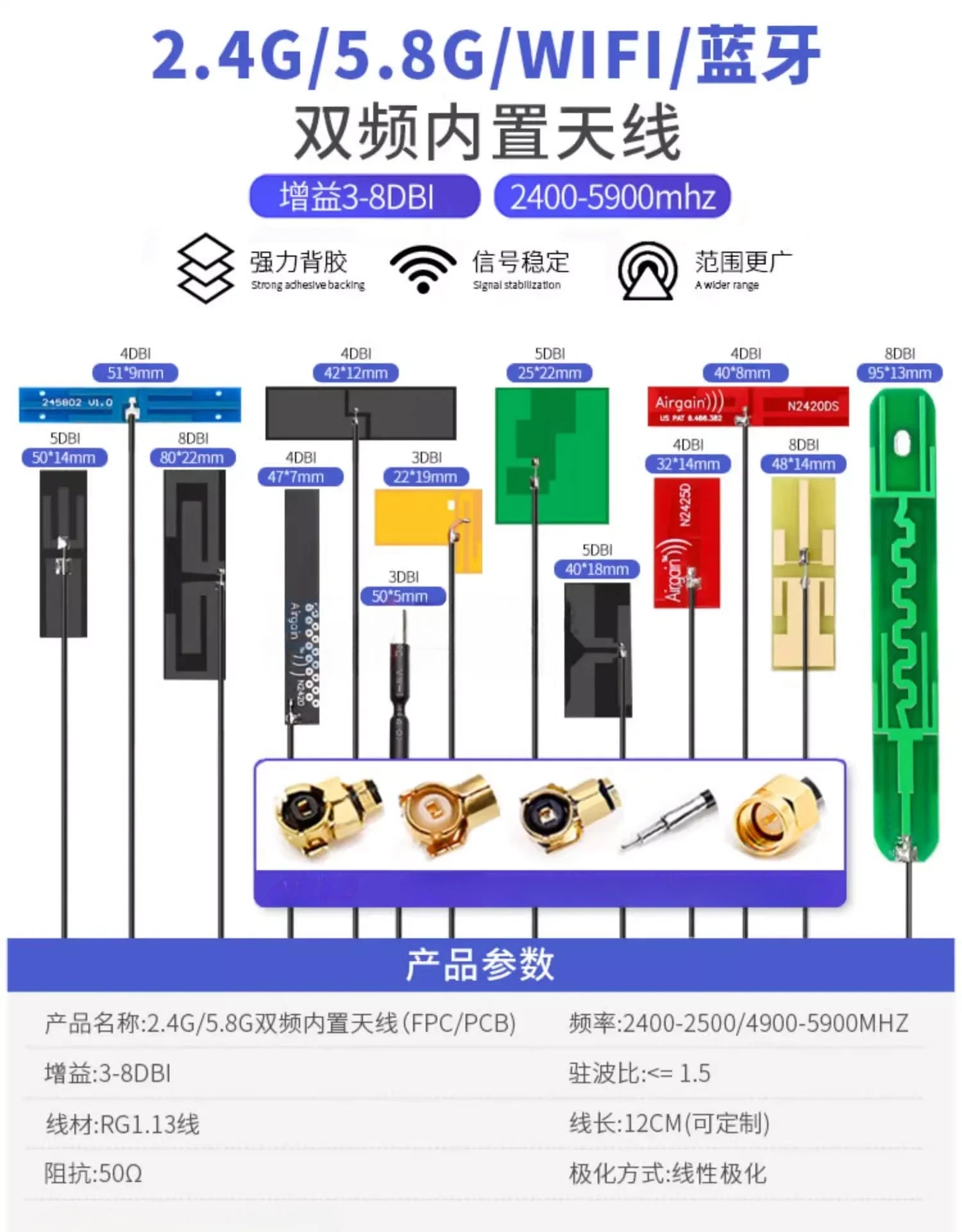 5Pcs/Lot 2.4G 5G 5.8G Dual Frequency With Built-in FPC Soft Board Wifi Bluetooth PCB Patch High Gain Antenna