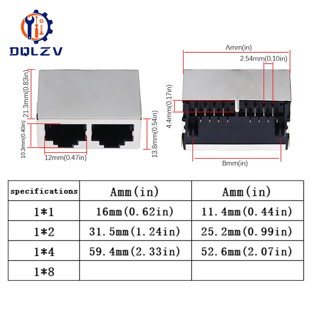 RJ45 1 2 4 6 8 Port Shielded Modular 21MM PCB Jack 8P8C Right Angle Through Hole Pcb Network Connector