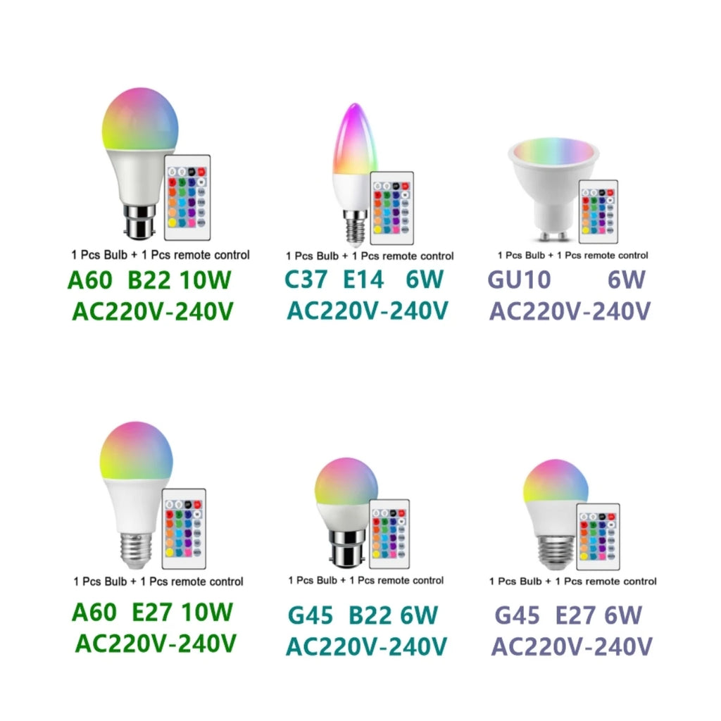 1-10PCS LED Intelligent RGBW Bulb GU10 E27 E14 24 Key Infrared Remote Control AC110V 230V 6W 10W Color Plus White Light Dimming