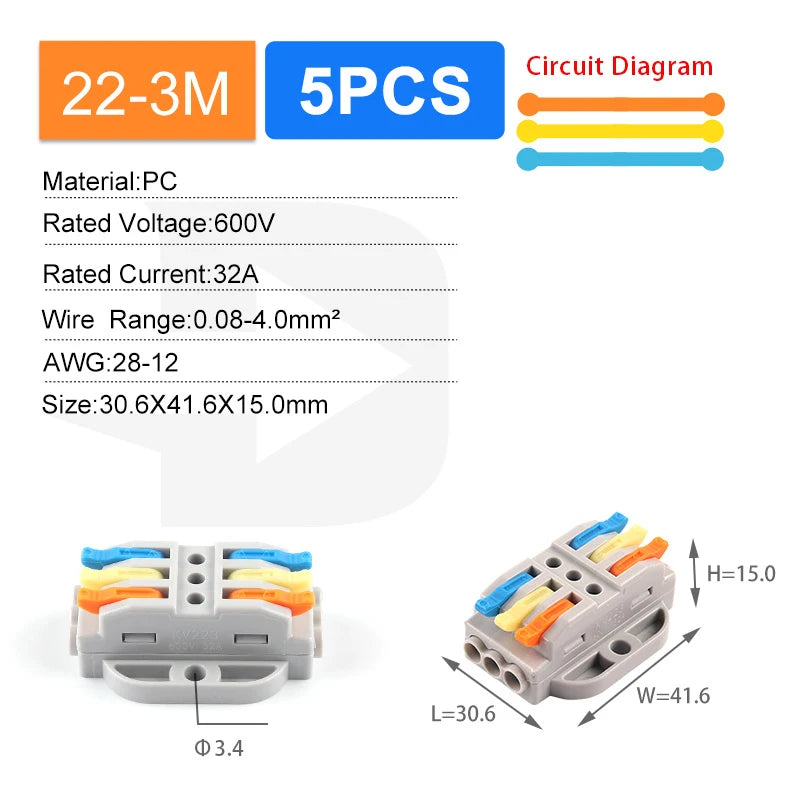 Quick Butt Lever Crimp Terminals Wire Connectors 2-12 Way With Fixing Holes Push-In Universal Compact Electrical Terminal Block
