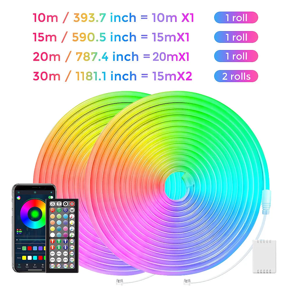 (EU PLUG) LED Neon Strip Light,5-30M Neon Rope With App 44key Remote Control For Home Decor Fairy Lighting