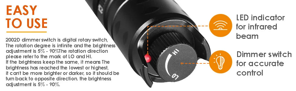 UniqueFire 2002D LED IR 940nm 850nm 810nm Hunting Flashlight Fresnel Lens Zoom Night Vision Dimmer Swtich Torch Max.1000 Meters
