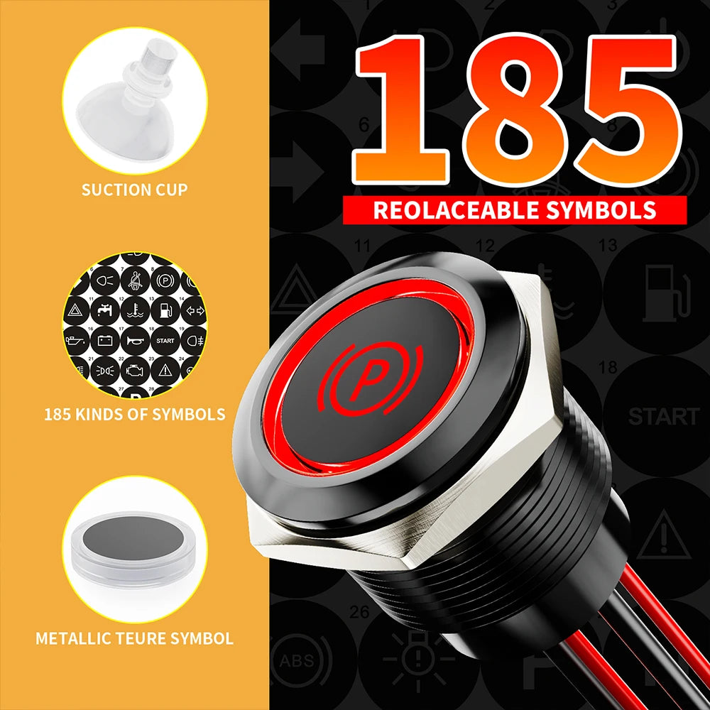 FILN 2Pcs 22mm Symbol Push Button Switch 20A IP67 Waterproof Latching Momentary Marine Switches 185 Replacement Symbols 5V-24V