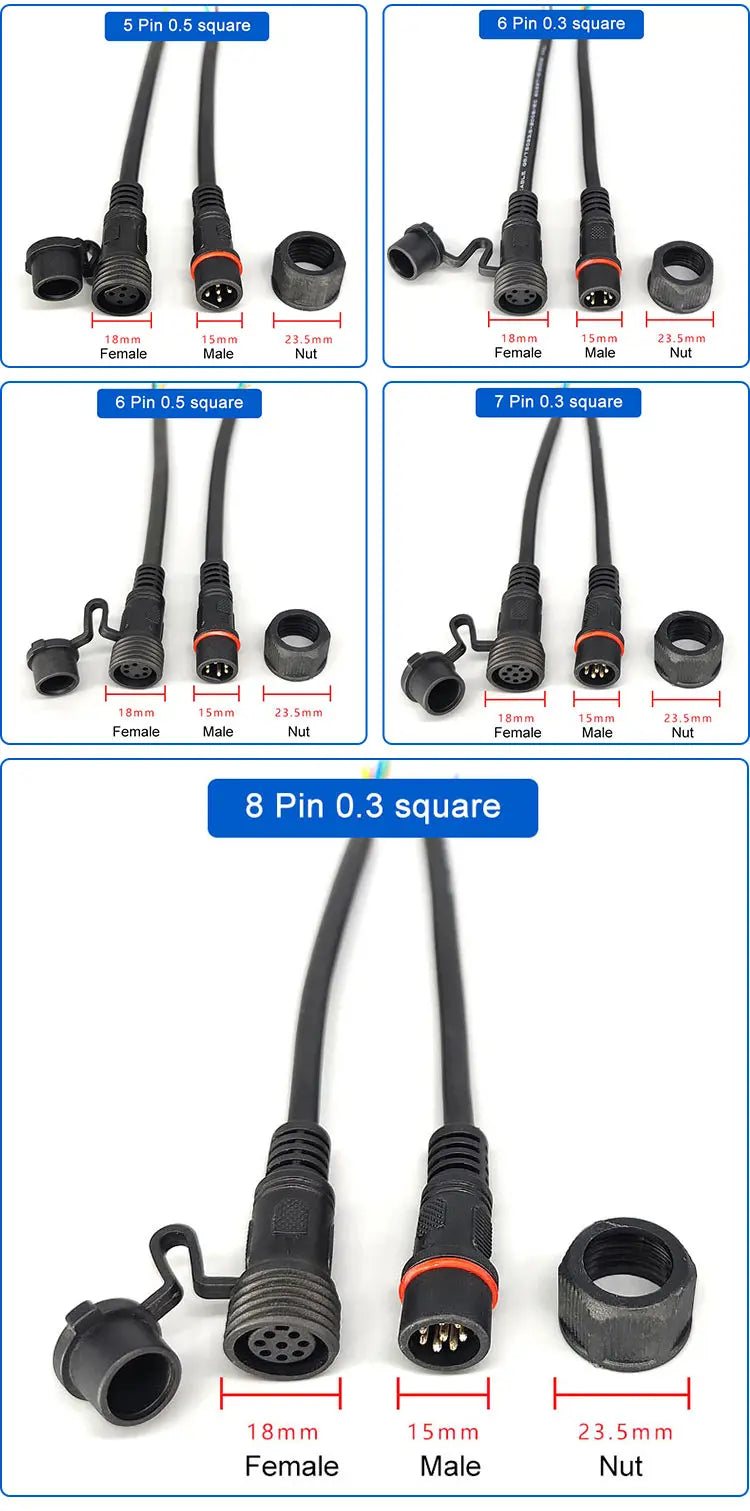 IP68 2 3 4 5 Pin 0.3/0.75/1.5 Square Waterproof Male Female Cable Connector Plug Butt Extension Line Outdoor LED Wire Connector