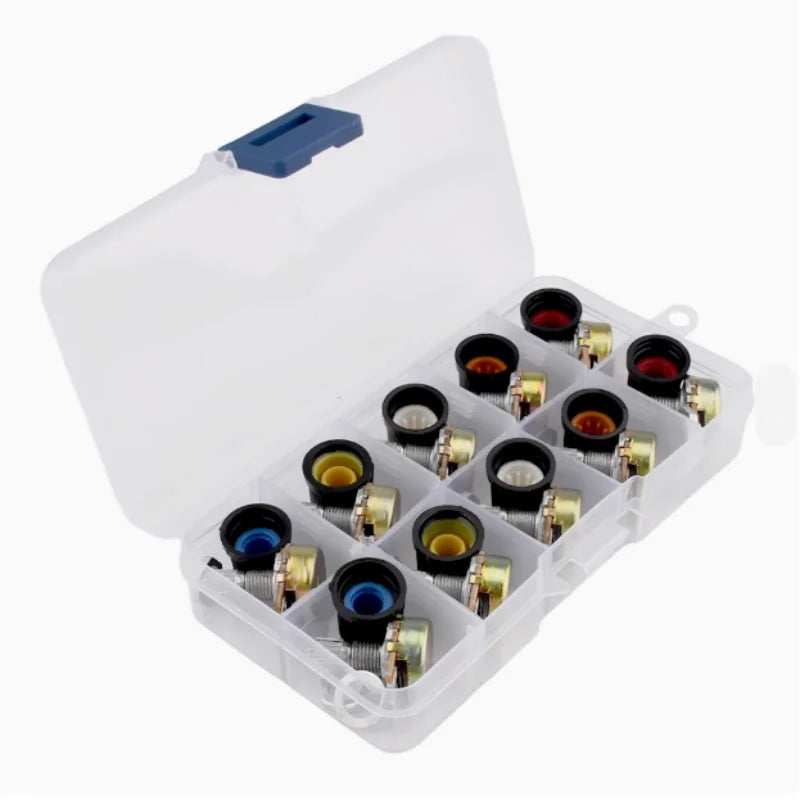 10 Sets 15MM WH148 Knurled Shaft 3 Terminals Linear Taper Rotary Potentiometer Assortment Kit B1K 2K 5K 10K 20K 50K 100K 250K 50
