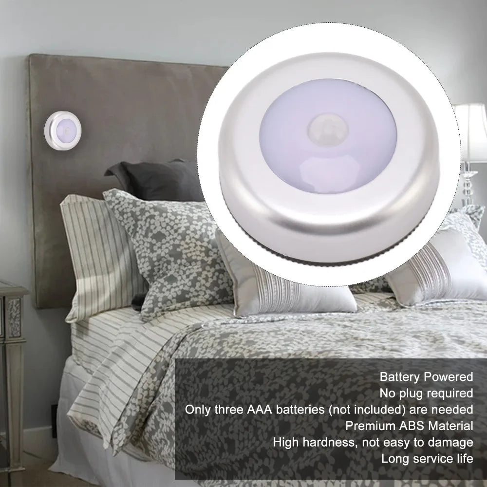 2 Pack Energy Saving Motion Sensor Night Light Battery Powered Small LED Induction Lamp White Light Round Sensing Lamp Drawer
