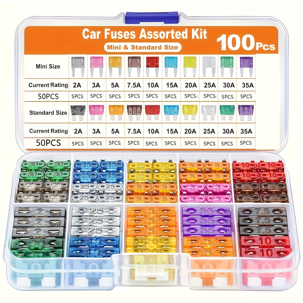 100/180 Piece Automotive Fuse Set, Complete Range of Current Specifications. Color-Coded Amperage for Quick Identification; High-Quality Conductive Metals with Good Conductivity and Sensitive Melting Properties. Transparent C