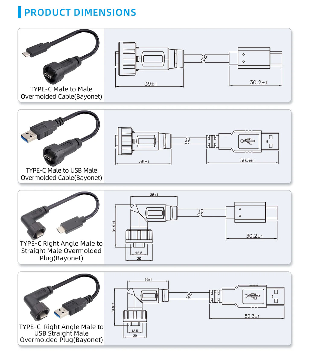 Type-c to USB 3.0 IP67/Ip68 Waterproof Connector Aviation Plug Quick Charge Female to Female Panel Mount PCB Socket FPC Cable
