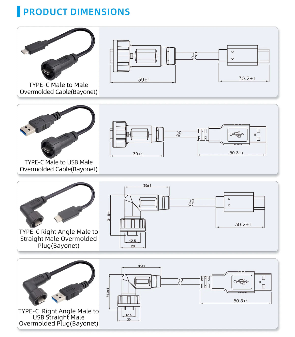 Type-c to USB 3.0 IP67/Ip68 Waterproof Connector Aviation Plug Quick Charge Female to Female Panel Mount PCB Socket FPC Cable