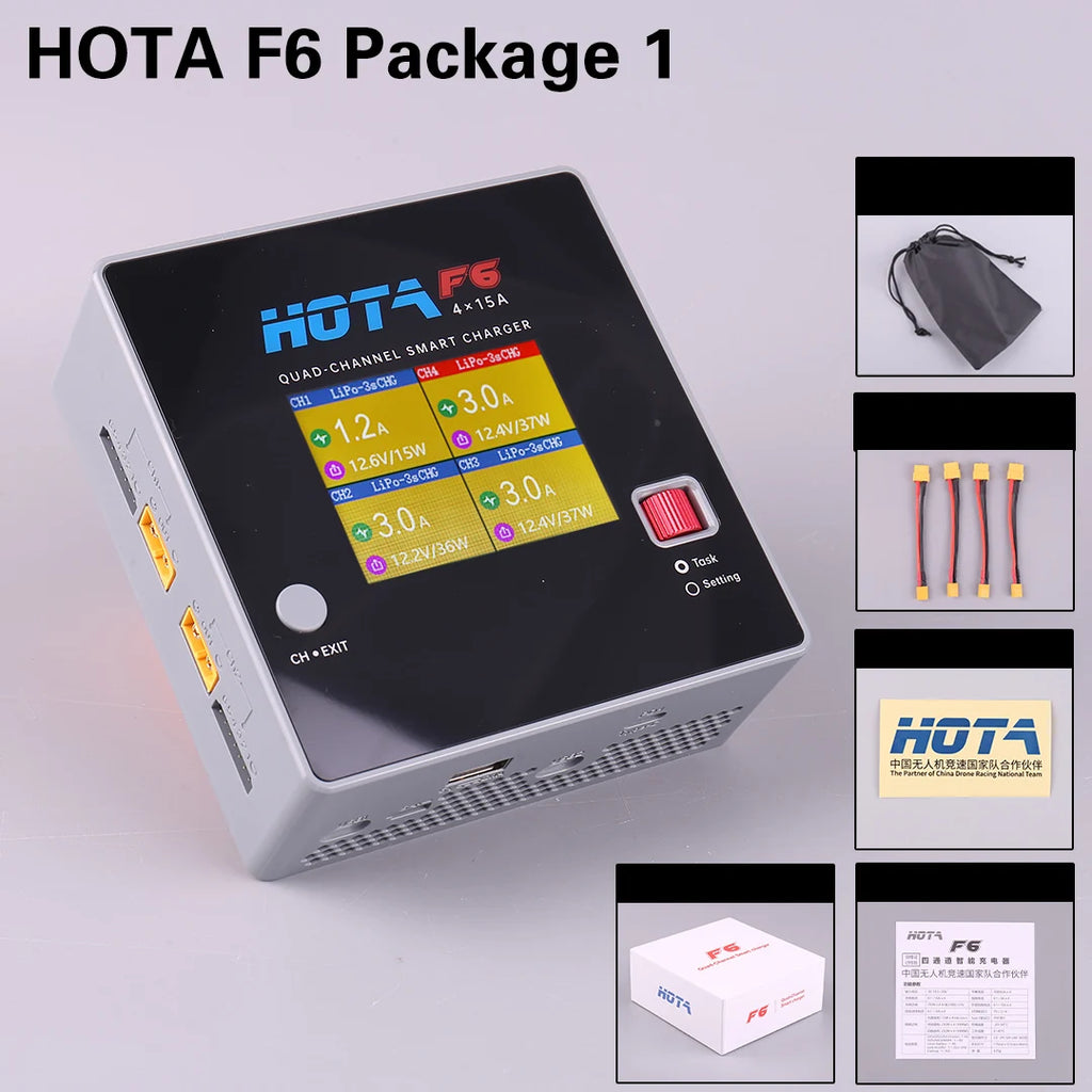 HOTA F6 QUAD-CHANNEL SMART Charger DC1000W 4*15A for Lipo LiIon NiMH Lipo Battery Balance Charger Discharger with USB 45W Type-C
