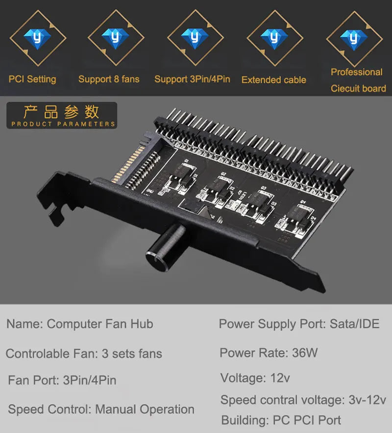 Angitu 8Ports 3Pin/4Pin PWM Fan Hub Speed Control With Sata/IDE Molex Power Supply Fan Adapter