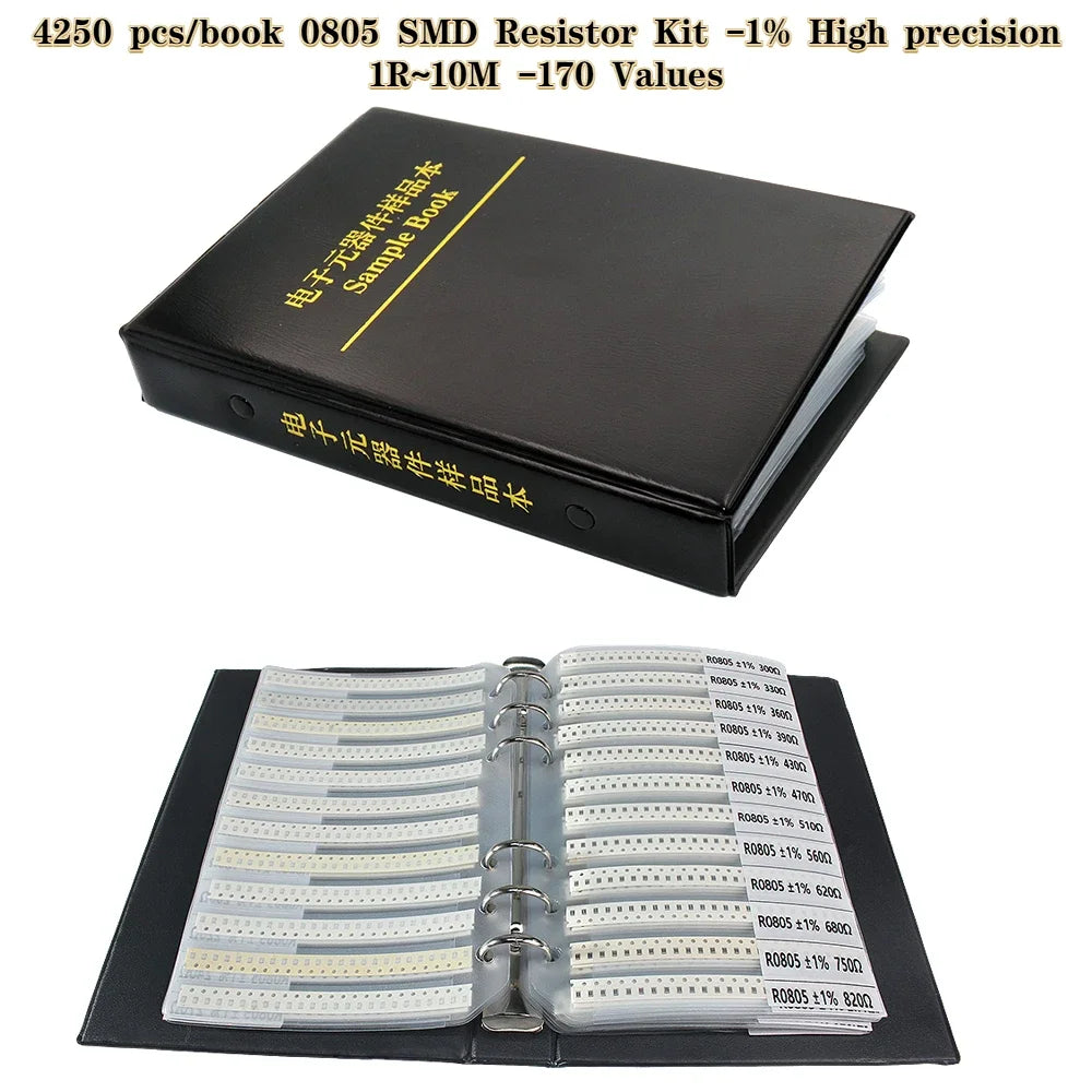 4250PCS 0805 SMD Resistor Book Kit 1% High Precision 1Ω-10MΩ 170 Values Sample Resistor Book for Electronics Repair DIY