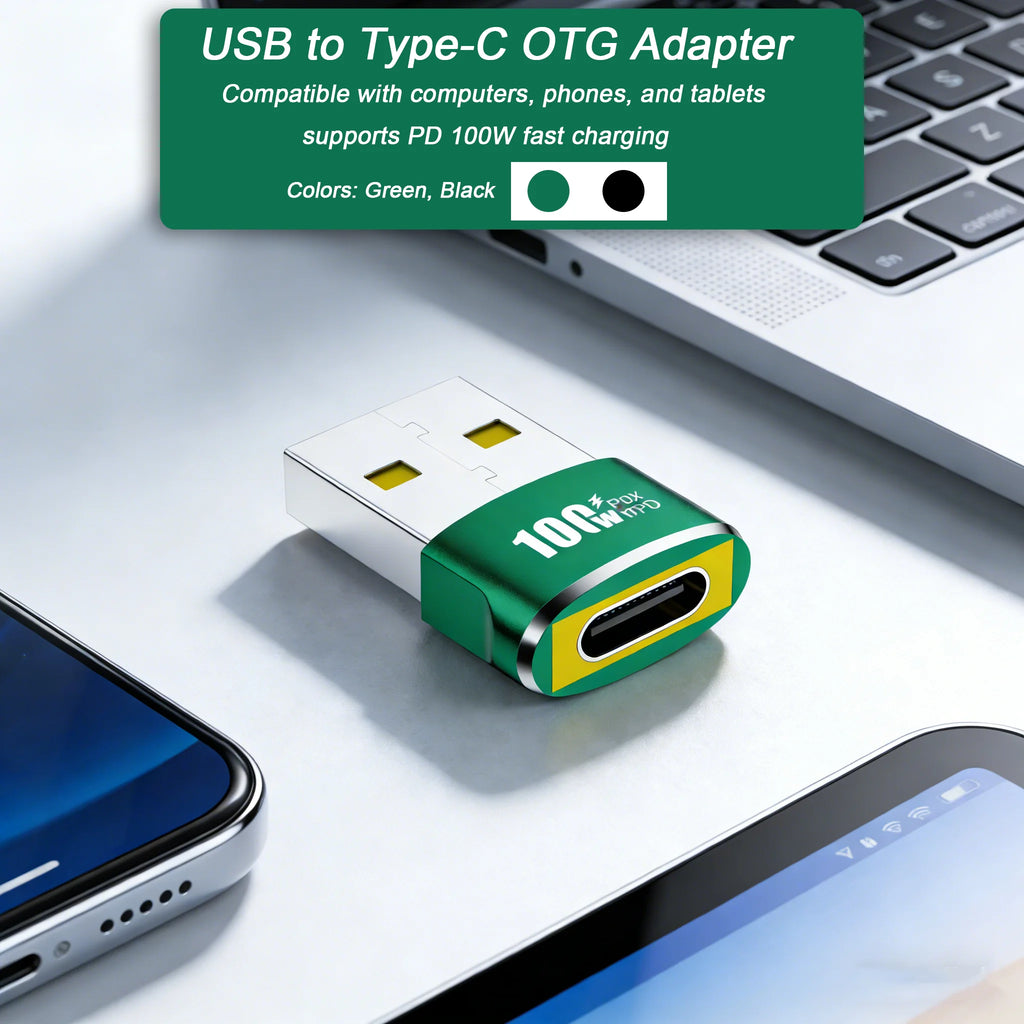 Black /Green 100W PD USB to Type-C OTG Adapter - USB-C Female to USB-A Male