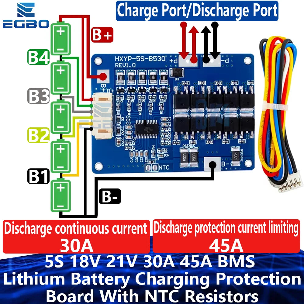 1~5PCS 5S 18V 21V 30A 45A BMS Lithium Battery Charging Protection Board NTC ,Balancing Function, and Temperature Protection