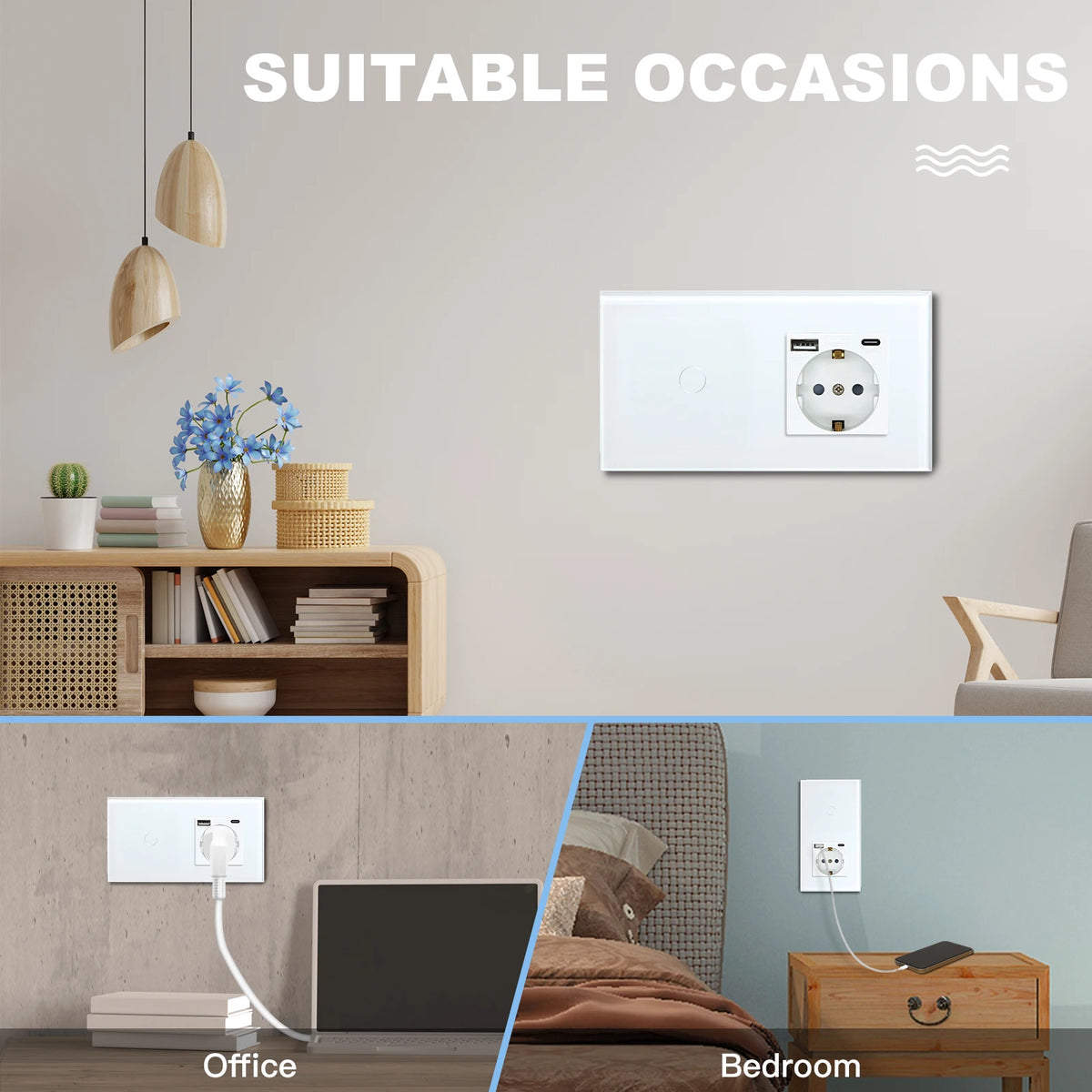 BSEED 1/2/3Gang Touch Light Switch 1Way Simple Sensor Switch Type-c USB Sockets EU Standard Glass Panel Blue Backlight 10A White