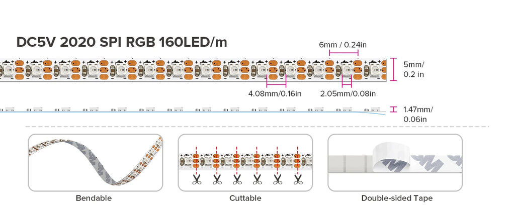 WS2812B RGB LED Light Strip 160 LEDs 2.7mm 5mm WS2812 Lights 0807 2020 Individually Addressable Smart Pixels Magic 5V 12V IP30