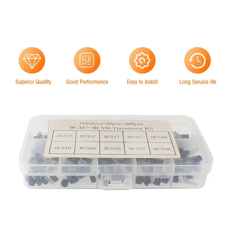 200PCS TO-92 NPN PNP Transistor Assorted Set BC327 BC337 BC517 BC547 BC548 BC549 BC550 BC556 BC557 BC558 Transistors Kit