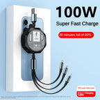 3 In 1 Retractable USB 100W Cable Fast Charging And Data Micro USB Type C For iphone6-14 Android Phone Xiaomi Huawei OPPO