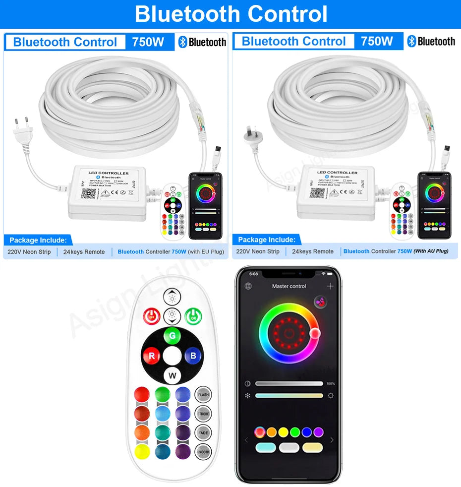 30M 20M 10M RGB LED Neon Strip Light 220V Decor Home Lighting Waterproof Flexible LED Ribbon Remote/Bluetooth/Tuya WiFi Control