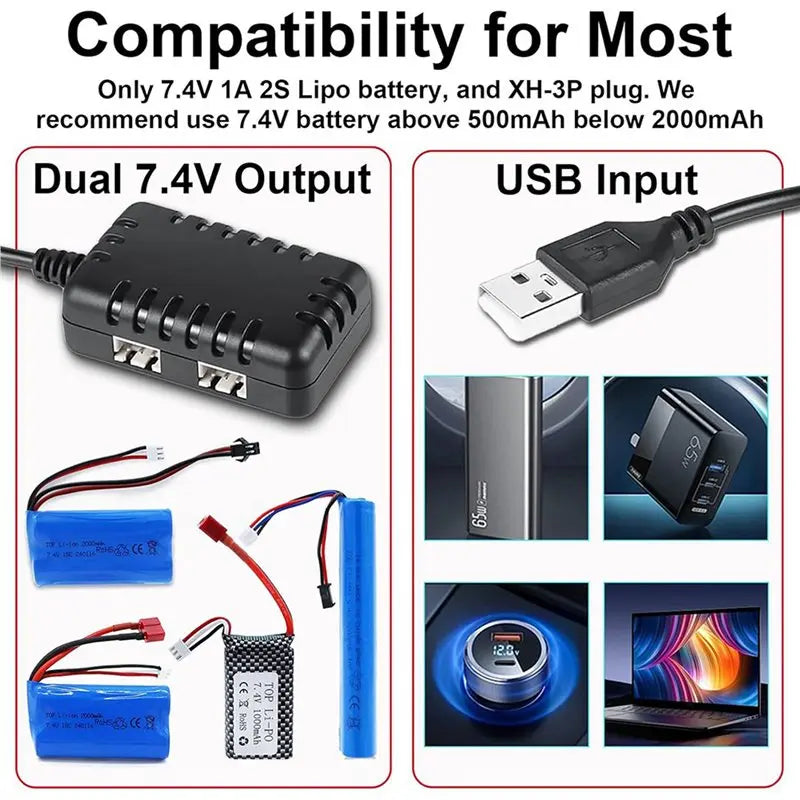 ABNR 2X 7.4V Lipo Battery Charger - RC Car Balance Chargers USB Cable 2-In-1 With XH-3P Plug 1A For 2S Batteries RC Cars