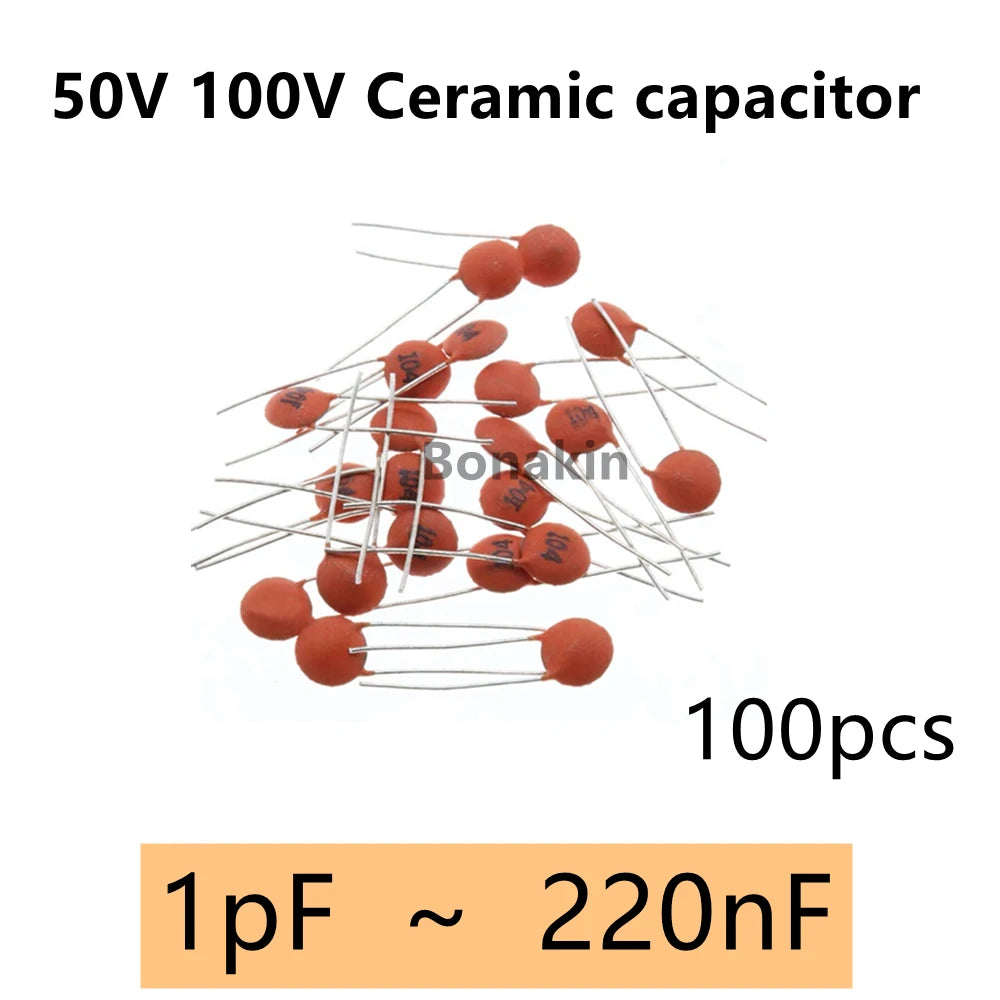 100pcs Ceramic capacitor 50V 100V 1pF 100nF 0.1uF 104 4.7PF 10PF 22PF 33PF 47PF 100PF 101 220PF 221 330PF 470PF 1NF 103 47NF 473