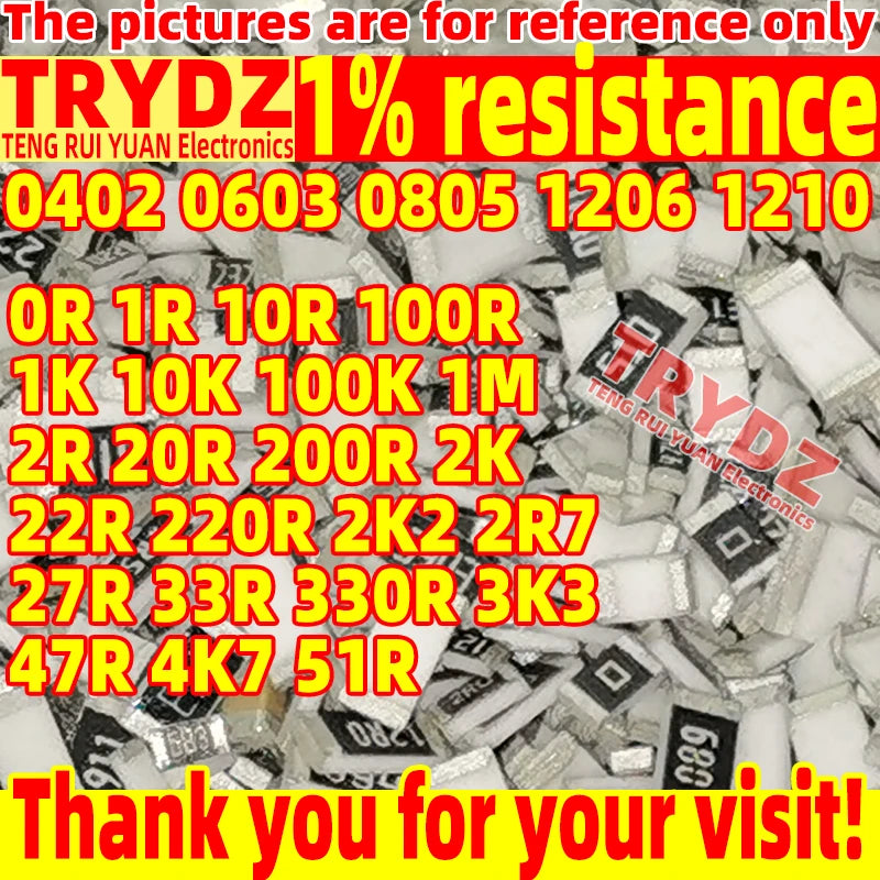 100pcs New Resistance 1% 0402 0603 0805 1206 1210 0R 1R 10R 100R 1K 10K 100K 1M 2R 20R 200R 2K 22R 220R 2K2 2R7 27R 33R 330R 51R