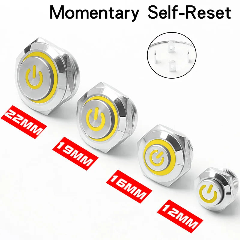 12/16/19/22mm Metal Push Button Switch Short Stroke Silver Shell Waterproof High Head With Power LED Light Momentary 1NO 6V 24V