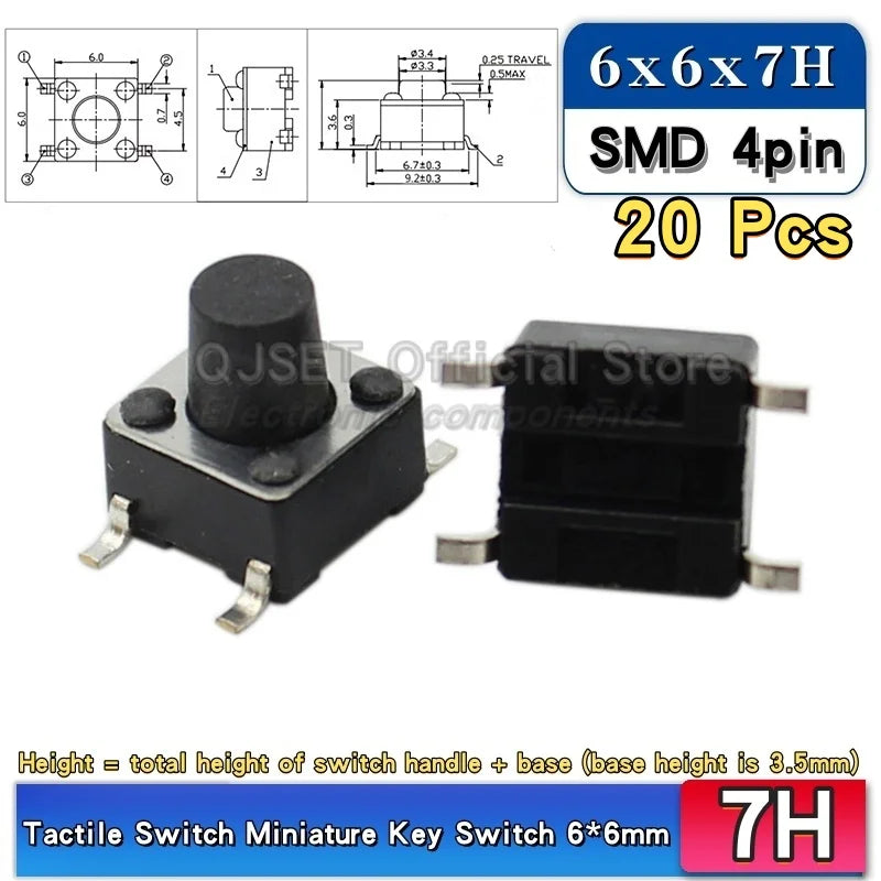 20pcs SMD Tactile Switch 6*6*4.3mm 6x6x5/6/7/8/9/10/11/12/13/14mm 6X6 4-Pin SMT Induction Oven Touch Tactile Button Micro Switch