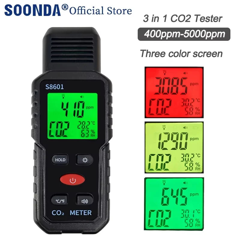 Indoor CO2 Meter Carbon Dioxide Sensor & Alarm NDIR Air Quality Monitor with Temp Humidity LCD Portable High Precision Detector