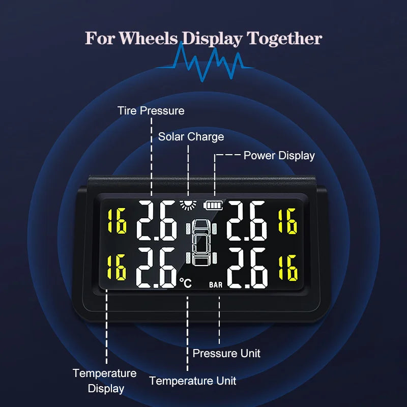 Solar Wireless Tire Pressure Monitoring System TPMS Auto Security Alarm Device Digital Colorful Display With 4 sensors