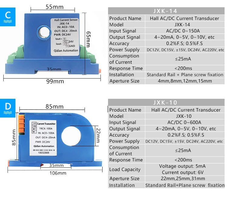 JXK-14 Hall Current Sensor AC/DC 0-150A AC Current Transducer 4-20mA 0-10V Hall Effect Current Transmitter