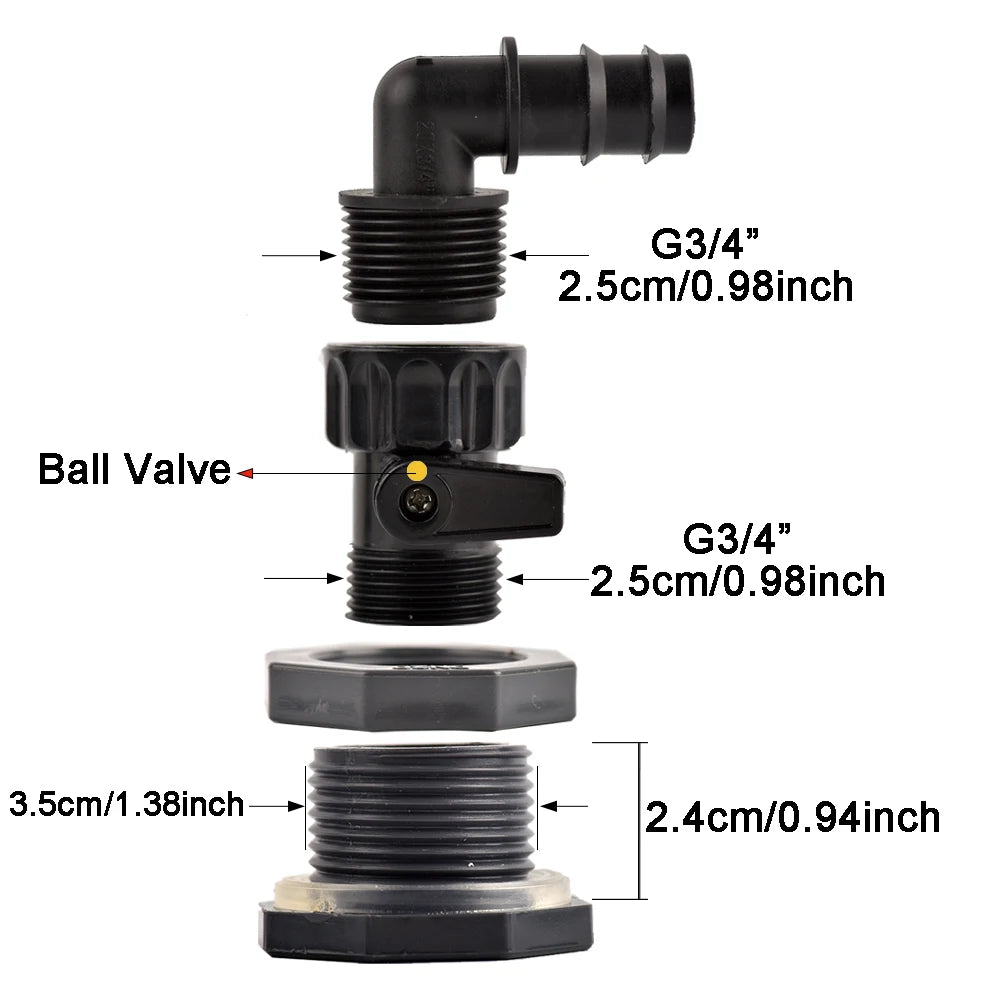 Rain Barrel Overflow Kit, 3/4 Inch Rain Barrel Valve, Barbed Fittings Connectors Tee Elbow Water Pipe Fittings