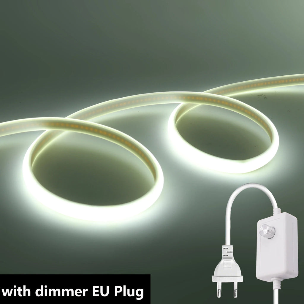Dimmable 220V COB LED Light With Dimmer EU Power Kit Neon Strip 288Leds/M Waterproof Garden Room Home Bar Lighting Flexible Lamp