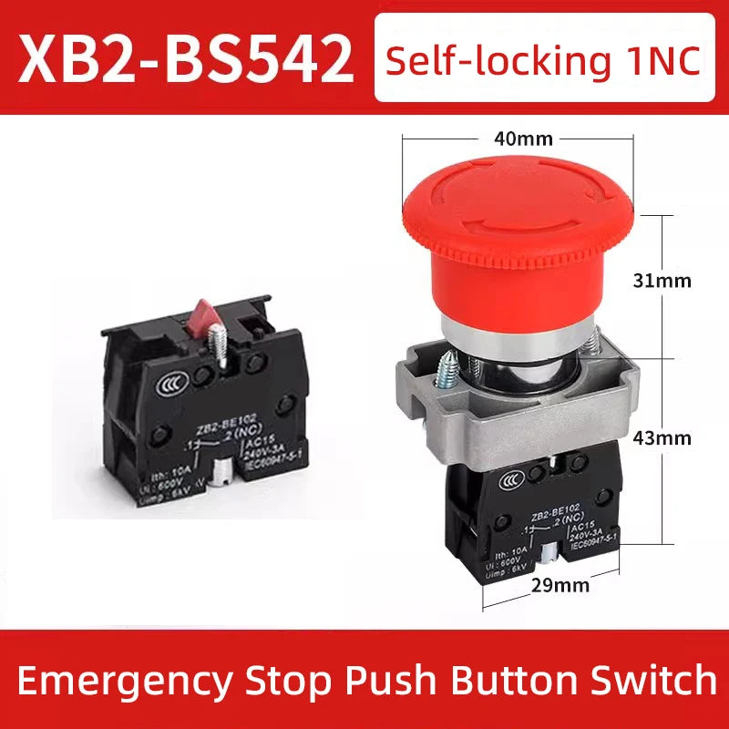 5pcs 22mm Mounting Emergency Stop Button Switch Self-locking XB2-BS545 Rotary Reset Mushroom Head NO NC Brass/Silver Contact