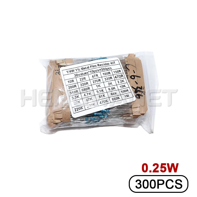 300PCS 1W 1/2W 1/4W 10R - 1M Ohm Resistance Set 1% Metal Film Resistor Assortment Kit 30Kinds*10pcs=300PCS