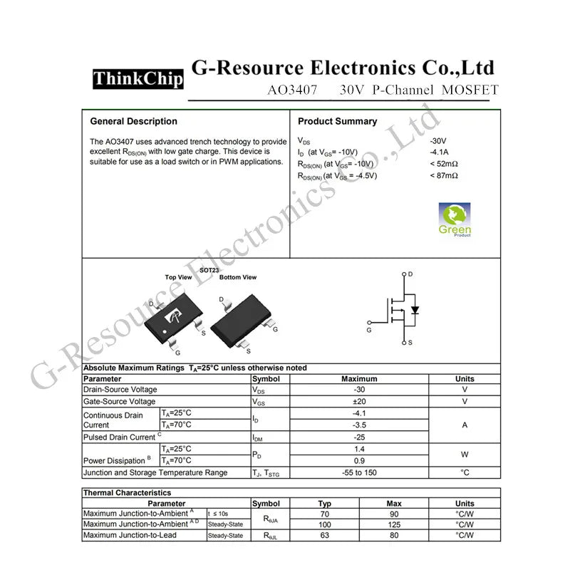 (100pcs) AO3407 A79T SOT-23 3407 30V P-Channel SMD Mosfet Transistor