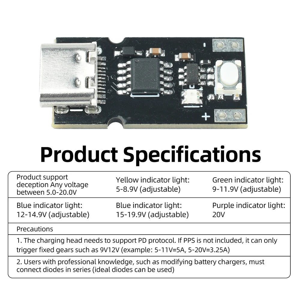 PD QC USB-C Voltage Trigger Module 5–20V Adjustable Voltage Module Supports Integer Decimal Setting Polling Test