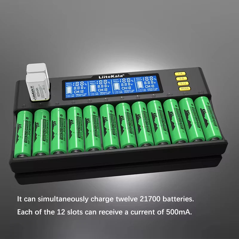 LiitoKala LiI-S12 Smart Charger 14 Slots - CE Certified Universal Charger for Li-ion/LiFePO4/Ni-MH/9V Batteries 18650, 26650, AA