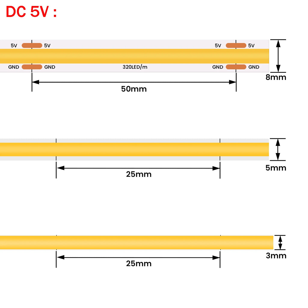 5V USB COB LED Strip 12V 3mm 5mm 8mm Width Flexible LED Tape 320LEDs COB Light with Adhesive High Density Linear Lighting