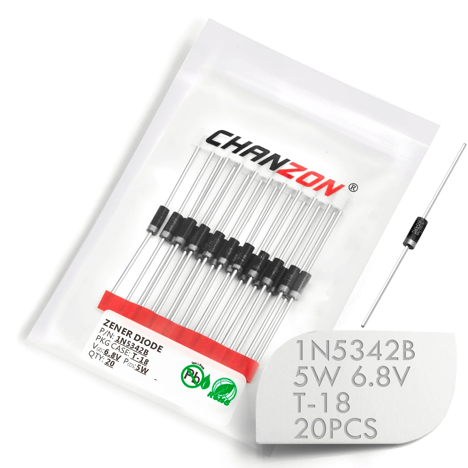 20Pcs / Pack 5W 1N5338B 1N5339B 1N5342B 1N5349B 1N5359B Power Zener Diode T-18 CASE17-02 Axial 5.1V 5.6V 6.8V 12V 24V Diodes