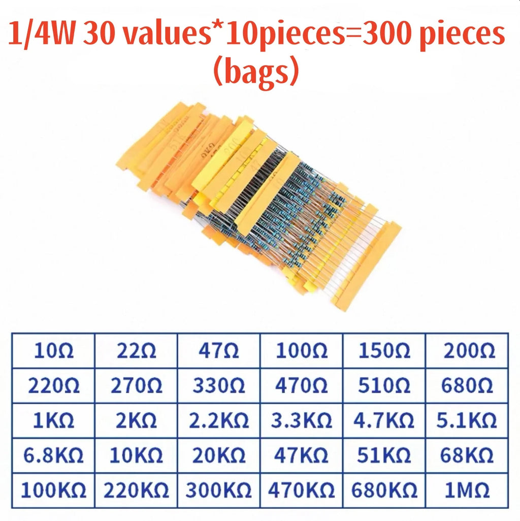 300pcs/600pcs/820pcs 1% Resistor Set Resistance 1/4W Metal Film Resistors Kit 10Ohm ~1M Ohm 30Values Electronic Components Kit