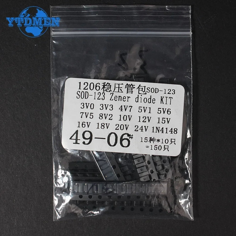 150PCS Zener Diode Kit SOD-123 1206 SOD-323 0805 Zener Diode SMD 15 Values 3.3V 4.7V 5.1V 5.6V 7.5V 8.2V 10V 12V 15V