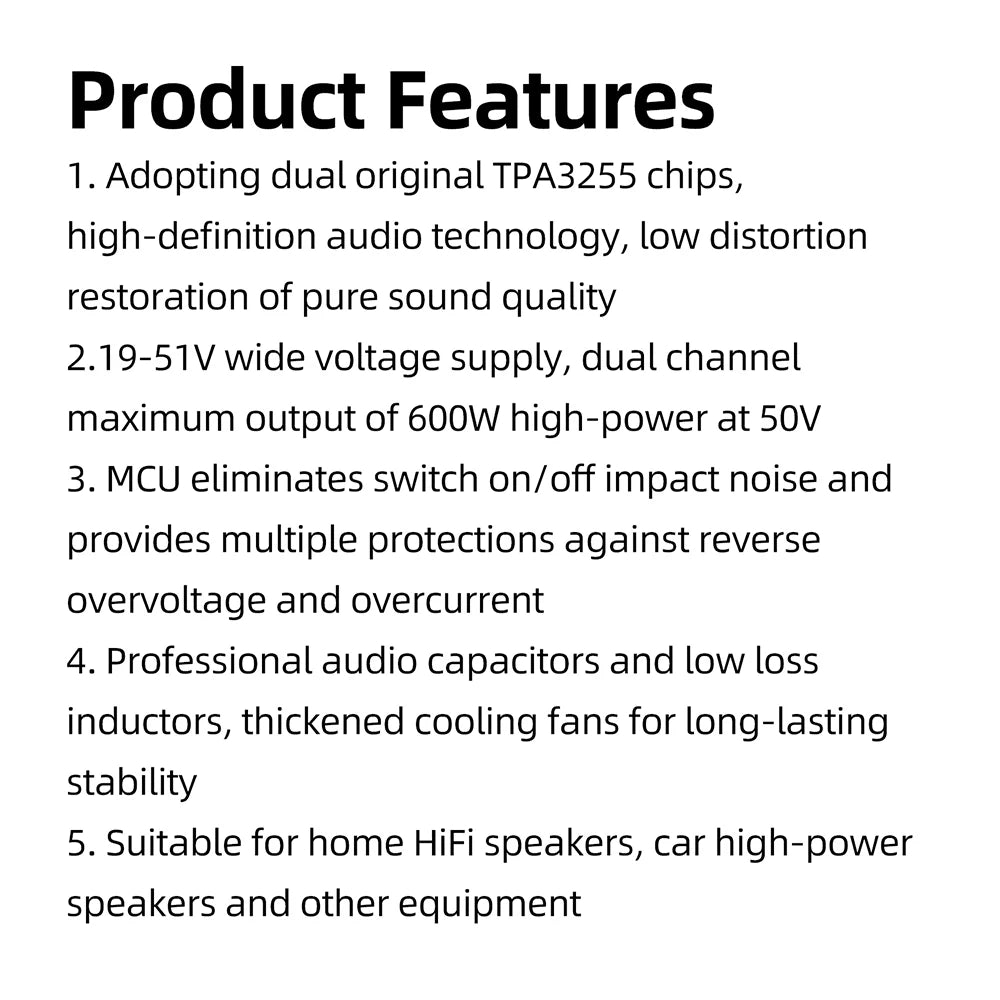 1200W 10A Pure Power Amplifier Module 2.0 600W+600W Stereo Digital Audio Amplifier TPA3255 Amplifier Chip DC 18-51V XY-AP1200K