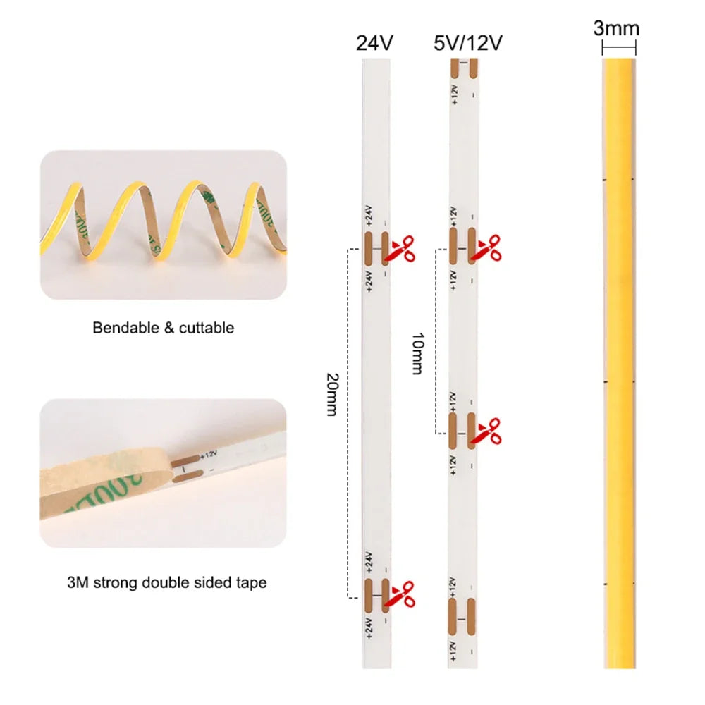 5V 12V 24V 3mm Ultra Narrow COB LED Strip 400LEDs LED Bar Lights for Car Lamp Orange 1800K 2000K Warm White 4000k Red 5m 10m 50m
