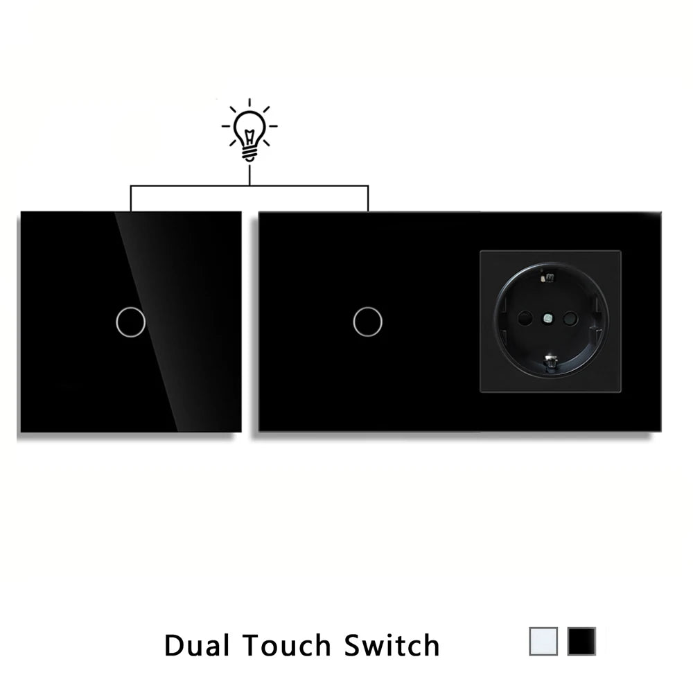 Touch Light Switch With EU Socket 1 Gang 2 Way Wall Light Switch LED Sensor Tempered Glass Interrupter EU Standard 240V