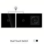Touch Light Switch With EU Socket 1 Gang 2 Way Wall Light Switch LED Sensor Tempered Glass Interrupter EU Standard 240V