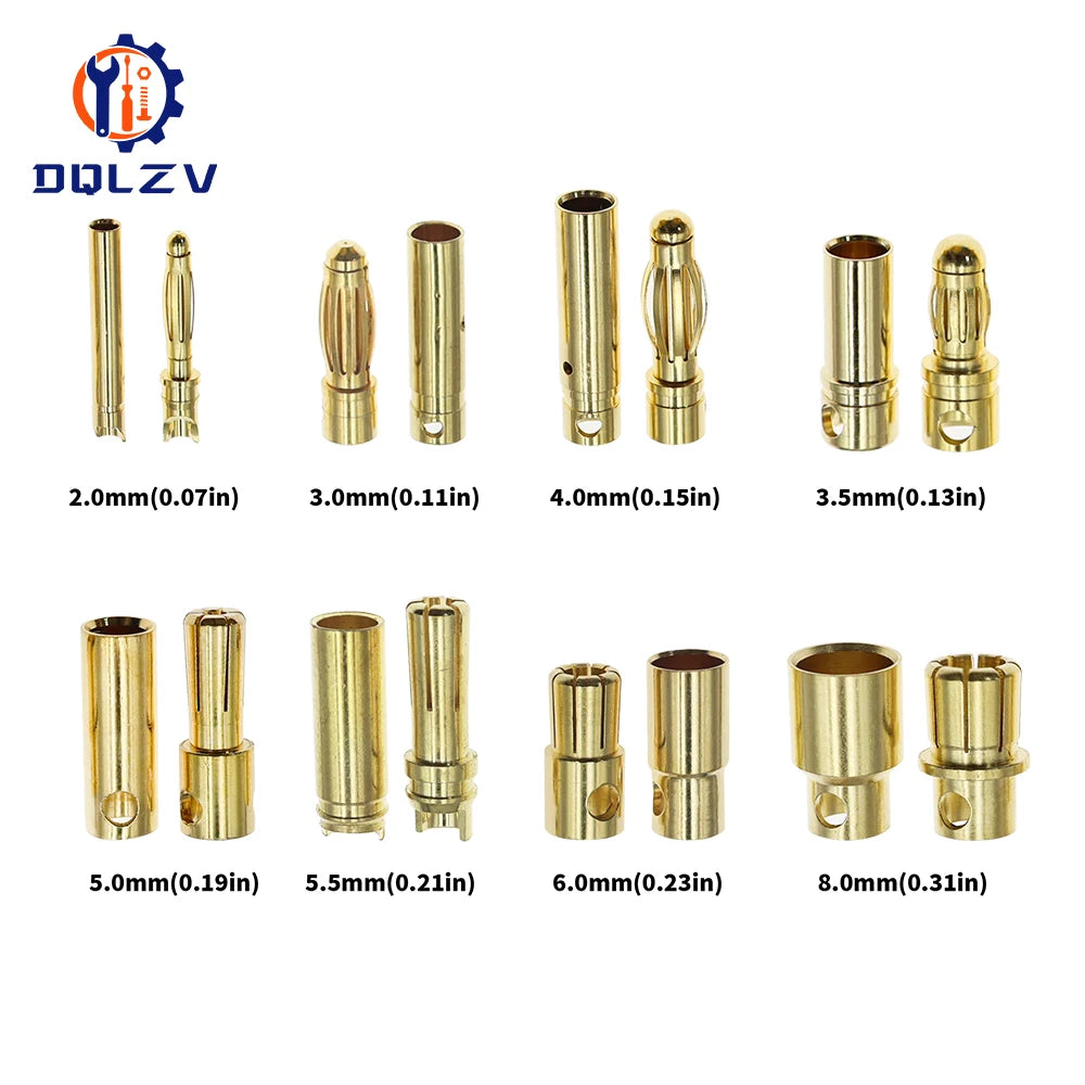 2.0mm 3.0mm 3.5mm 4.0mm 5.5mm 6.0mm 8.0MM Gold Bullet Banana Connector plug for ESC Lipo RC battery Plugs